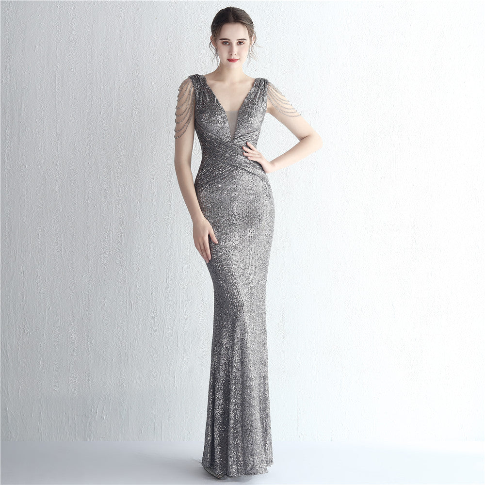 New Sequined Ladies Banquet Temperament Shows The Figure Long Sequined Aura Queen Dinner Fishtail Skirt