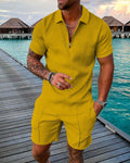 New Men's Fashion Casual Suit 3D Print Zip Short Sleeve Polo Shirt Shorts 2 Piece Set