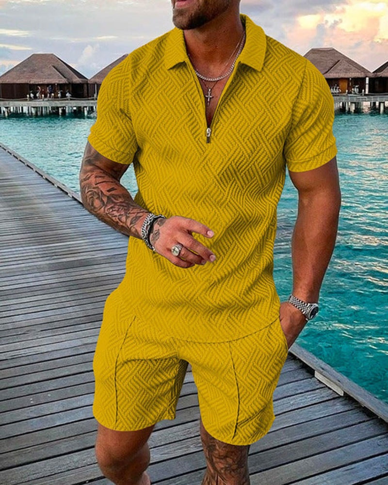 New Men's Fashion Casual Suit 3D Print Zip Short Sleeve Polo Shirt Shorts 2 Piece Set