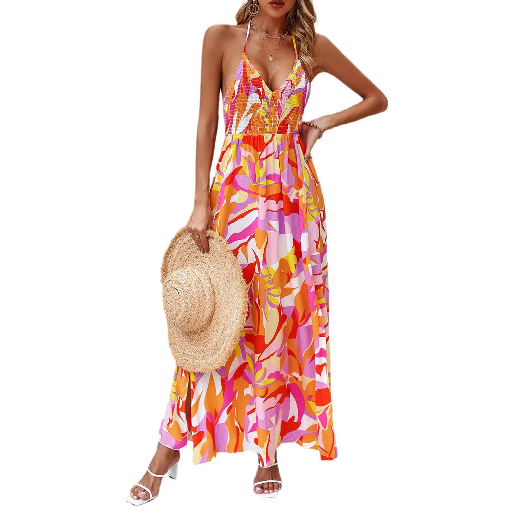 Dress for spring and summer leisure vacation printed suspender dress