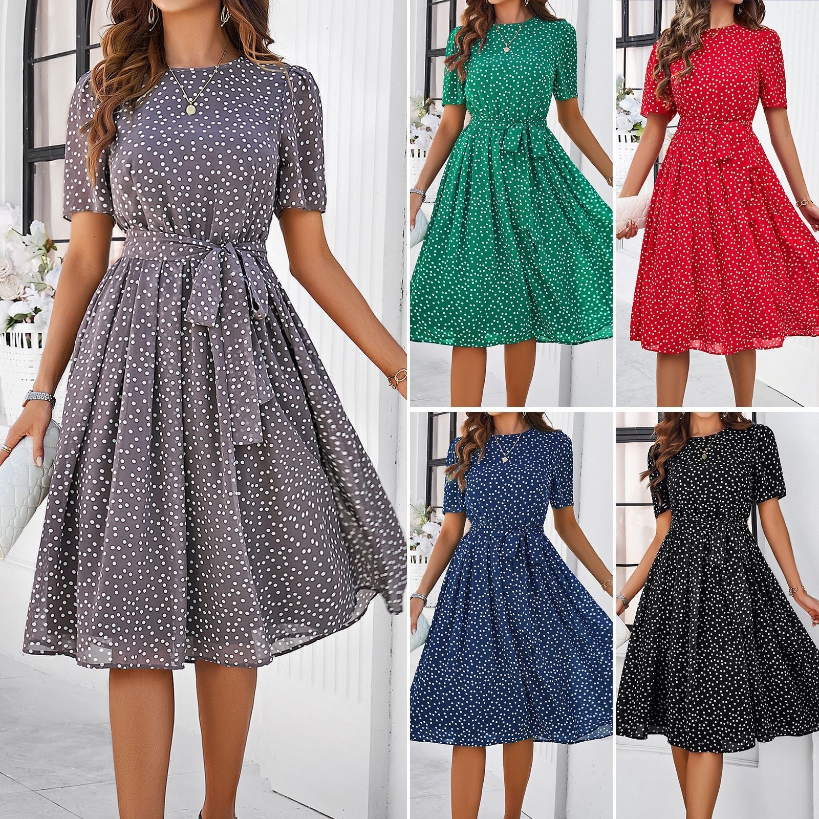 Women's spring and summer temperament casual polka dot printed dress