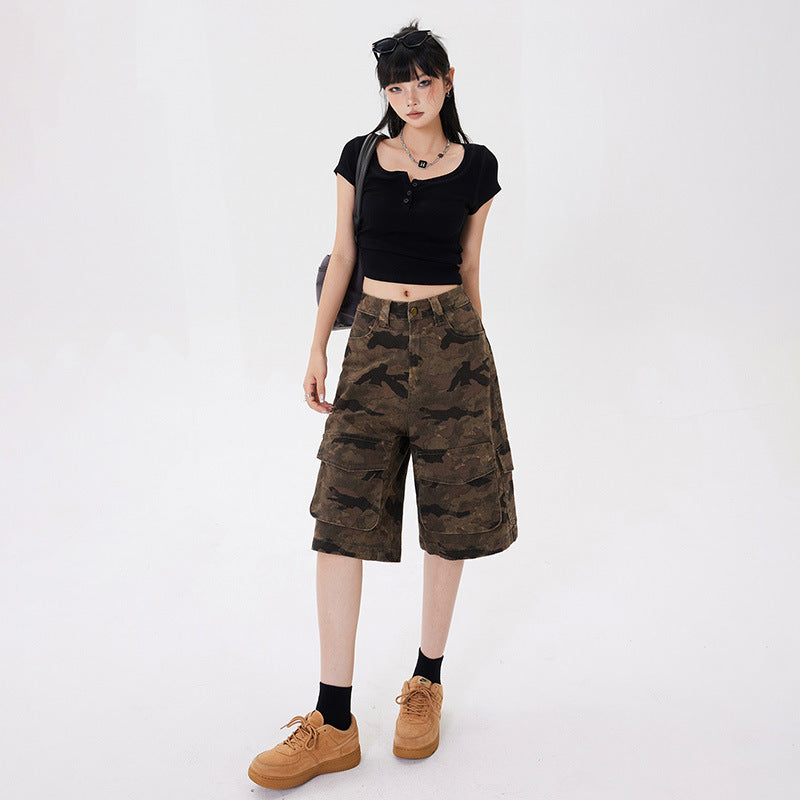 Women's High-Waist Wide-Leg Camouflage Shorts Multi-Pocket Work Pants Denim Pants