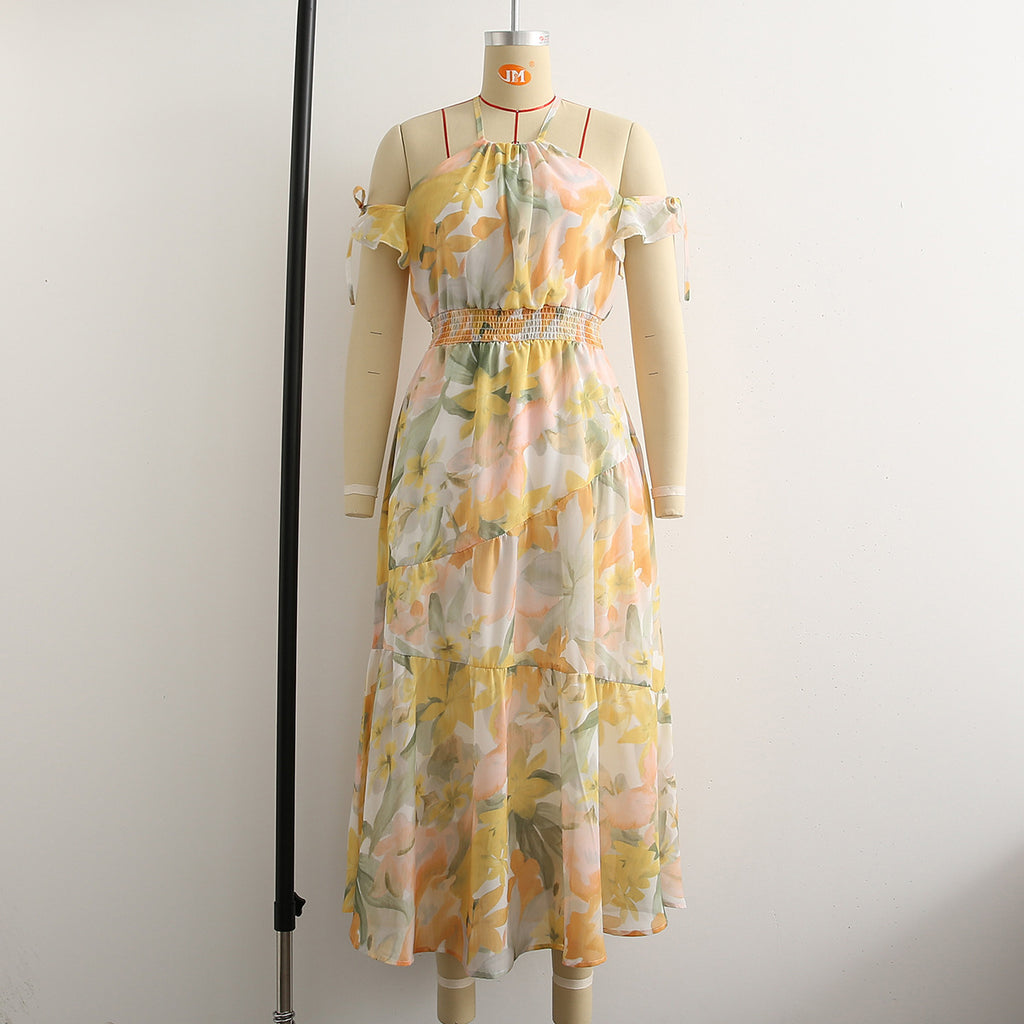 Spring And Summer New Women's Fashion Casual Chiffon Printed Suspender Dress