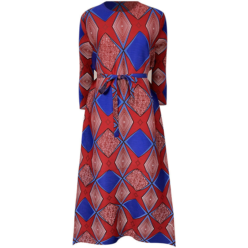Spring And Summer New Beauty Print Contrast Long Pleated Dress