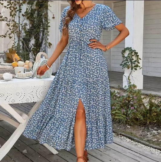 Women's Summer Drawstring Split Holiday Dress Long Skirt
