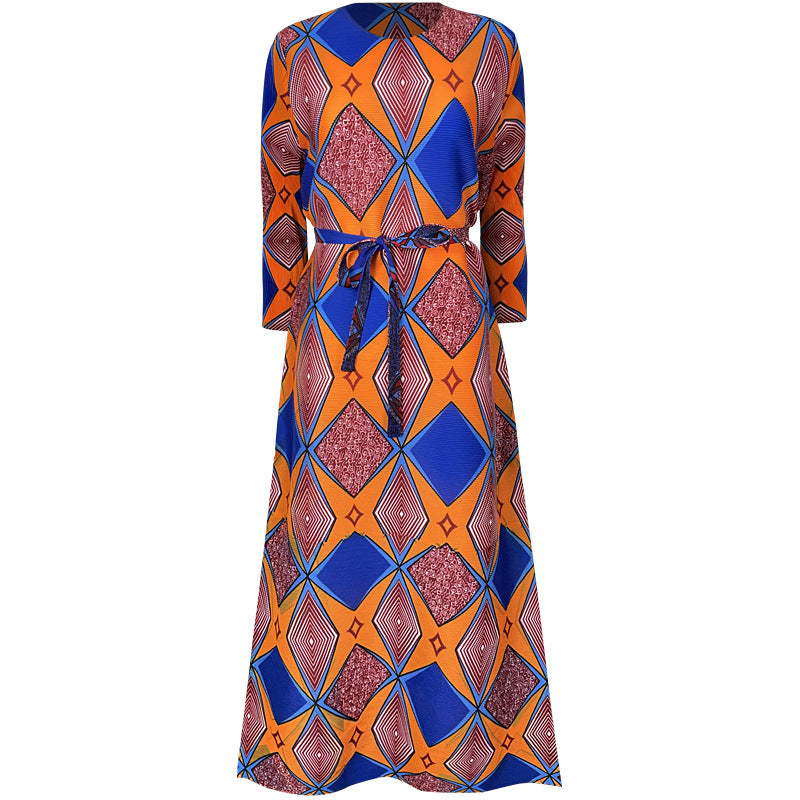 Spring And Summer New Beauty Print Contrast Long Pleated Dress