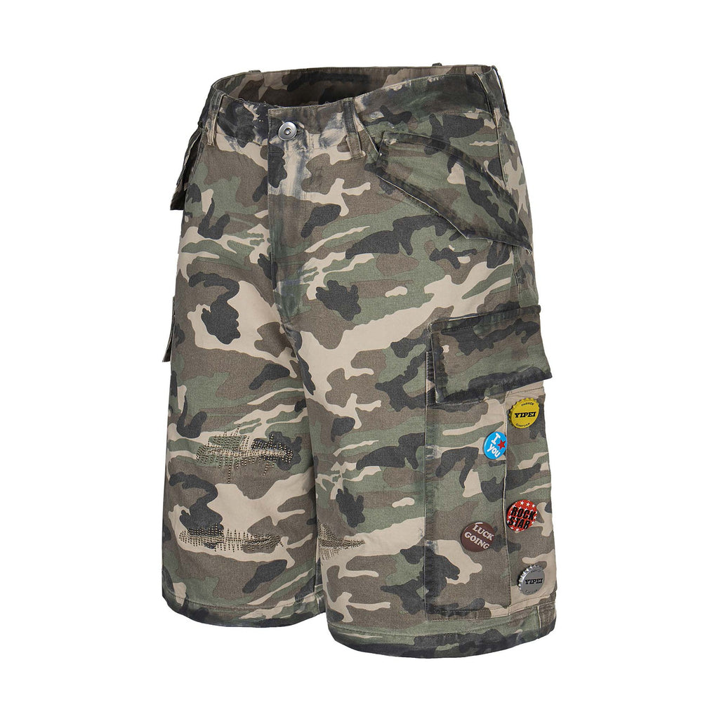 Retro Topstitching Multi-Pocket Denim Work Shorts Unisex Loose Wide-Leg Five-Point Pants