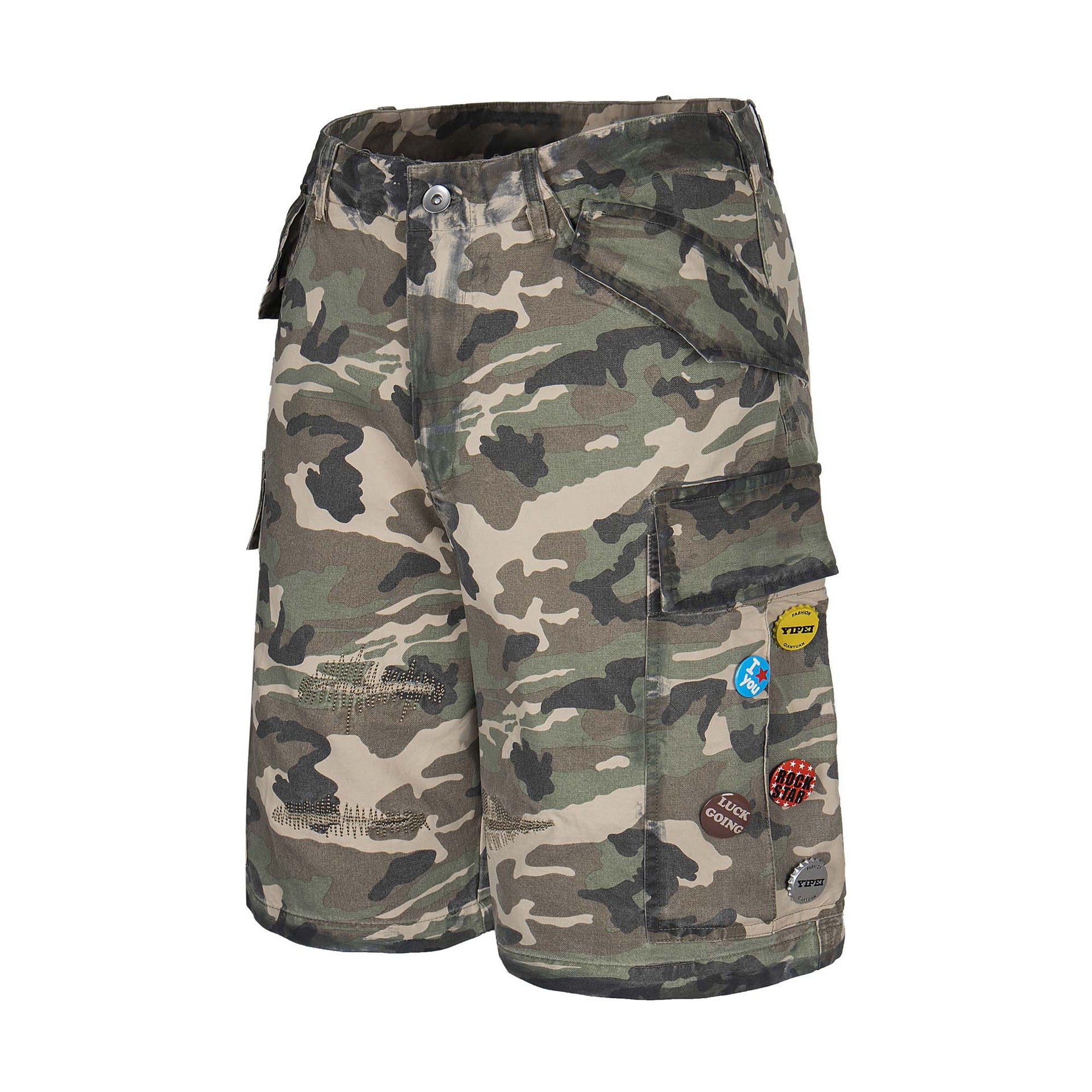 Retro Topstitching Multi-Pocket Denim Work Shorts Unisex Loose Wide-Leg Five-Point Pants