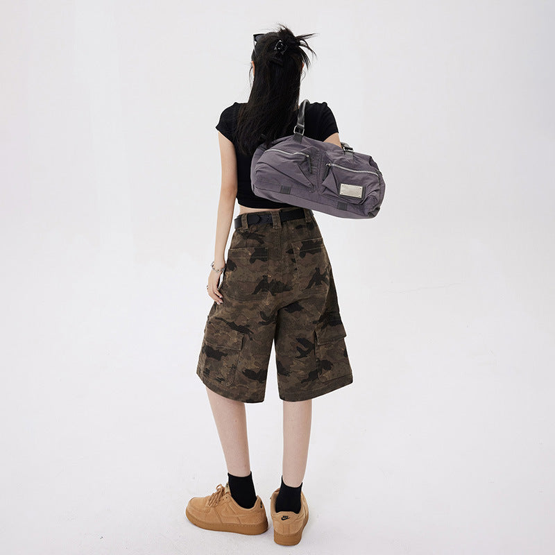 Women's High-Waist Wide-Leg Camouflage Shorts Multi-Pocket Work Pants Denim Pants