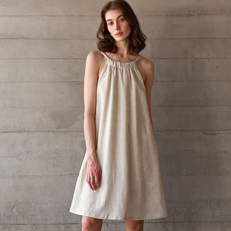 Cotton Linen Strapless Dress with Neck Tie Bowknot Mid-Length Rayon Linen Tank Dress Summer Export Dress