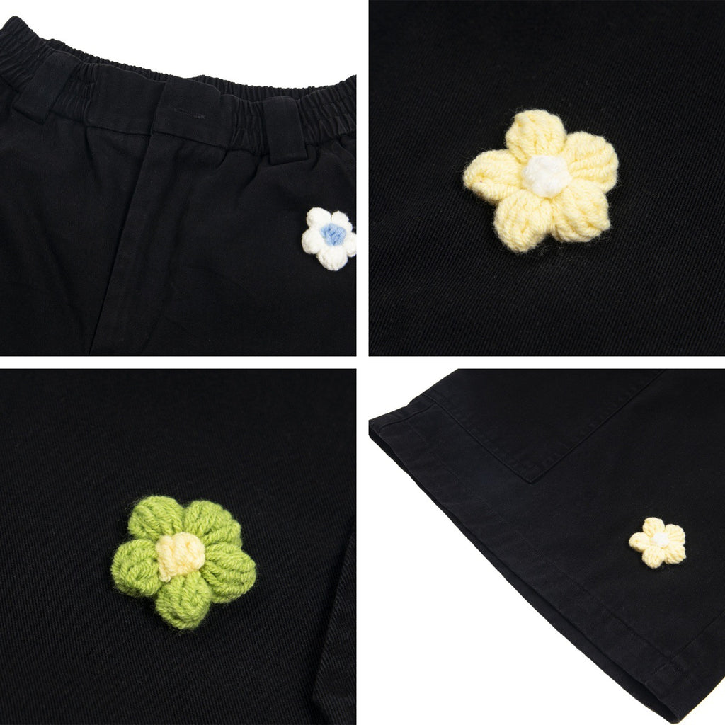 Multi-Pocket Floral Embroidery Seven-Point Work Denim Shorts for Men Loose Casual Wide-Leg Pants