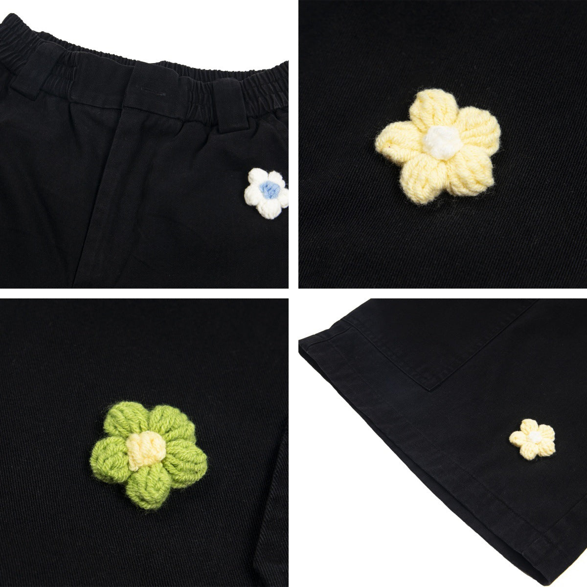 Multi-Pocket Floral Embroidery Seven-Point Work Denim Shorts for Men Loose Casual Wide-Leg Pants