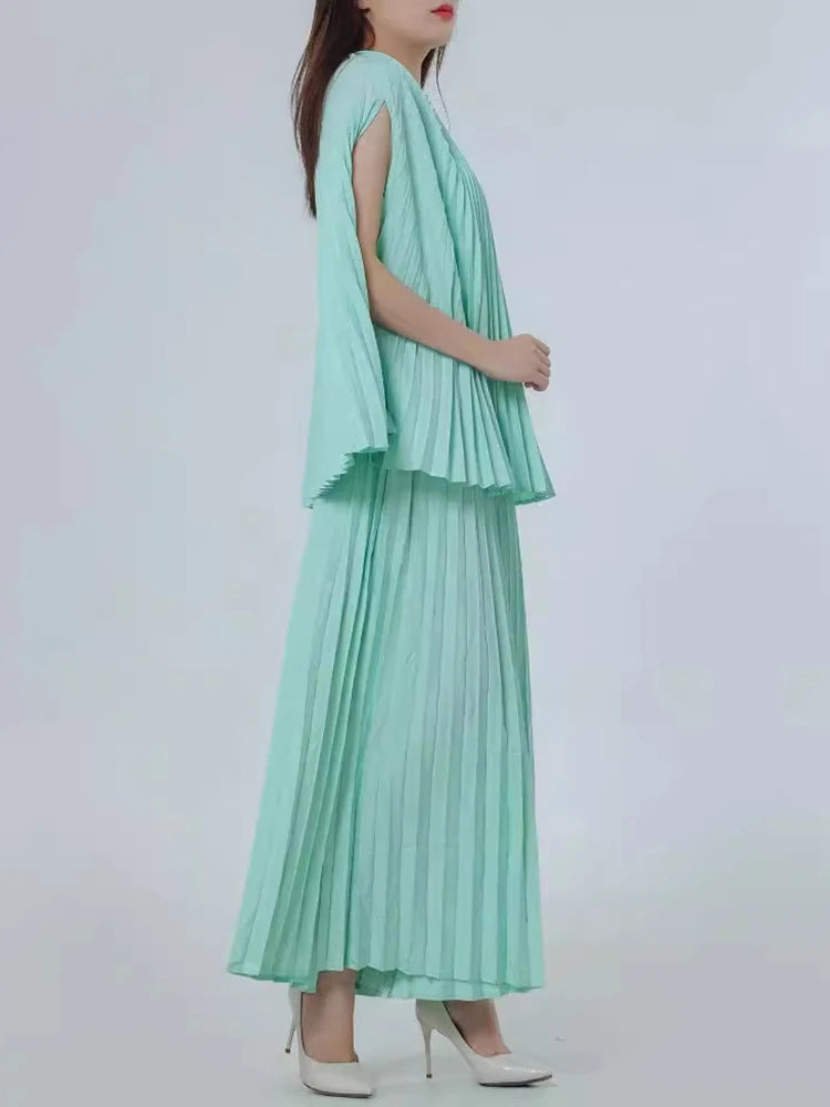 Summer Versatile Pleated 2 Piece Set Women Sleeveless Tops Wide Leg Trousers Casual Solid Color