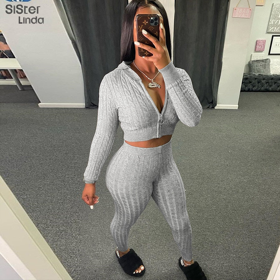 Sisterlinda Fashion Rib Knitted 2 Piece Sets Women Elasticity High Zipper Hoddies Sweatshirts Shinny Gym Leggings Joggers Outfit