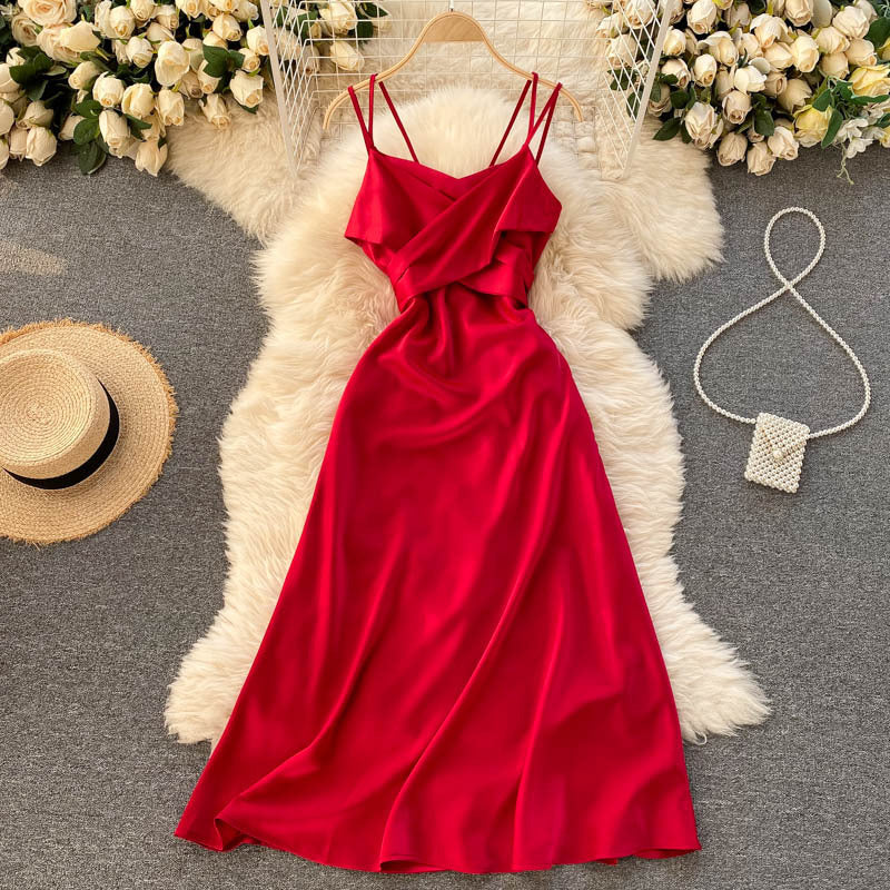 Vacation Travel Shooting Sling Dress Cross V-Neck Sexy Off-the-Shoulder Dinner Dress Slim Midi Dress