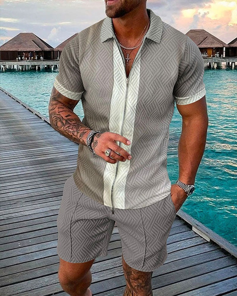 New Men's Fashion Casual Suit 3D Print Zip Short Sleeve Polo Shirt Shorts 2 Piece Set
