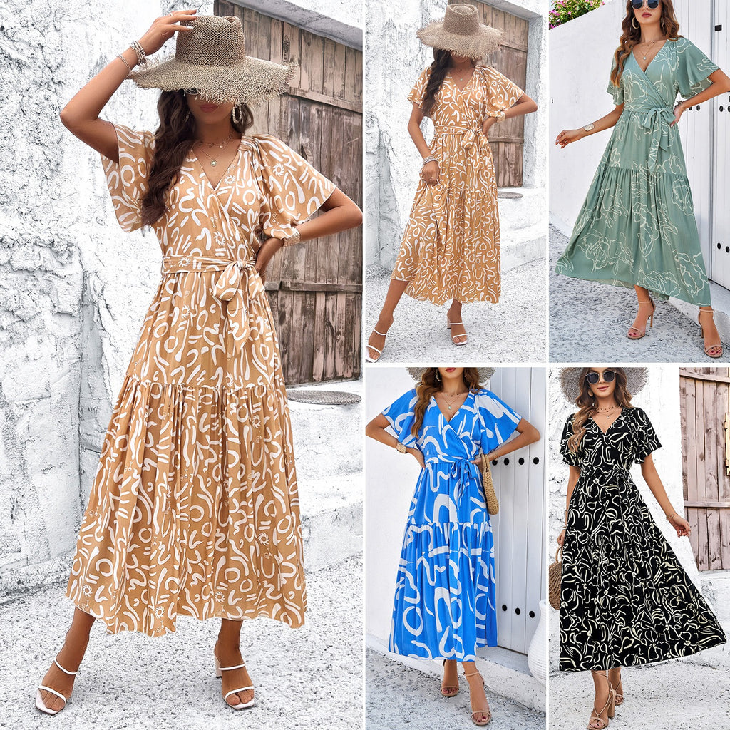 European and American women's casual summer vacation short sleeved printed dress