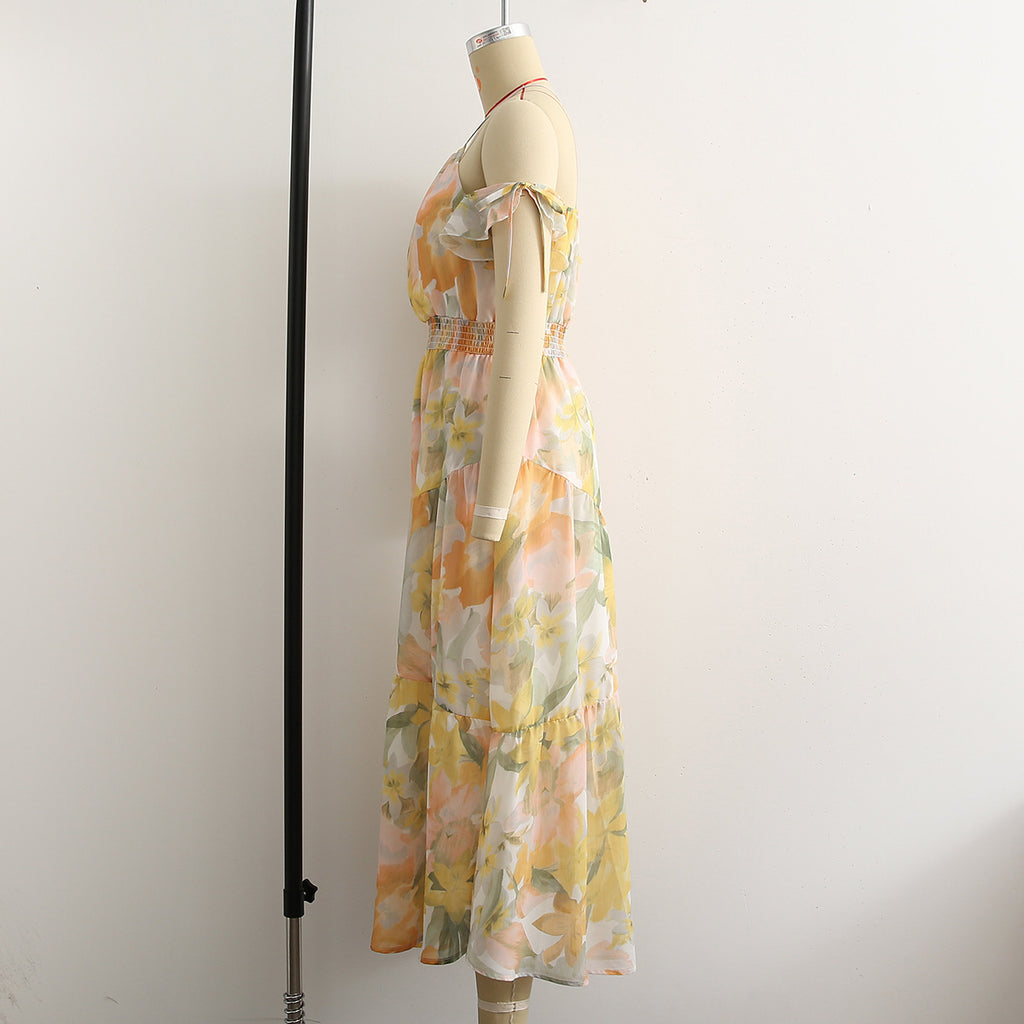 Spring And Summer New Women's Fashion Casual Chiffon Printed Suspender Dress