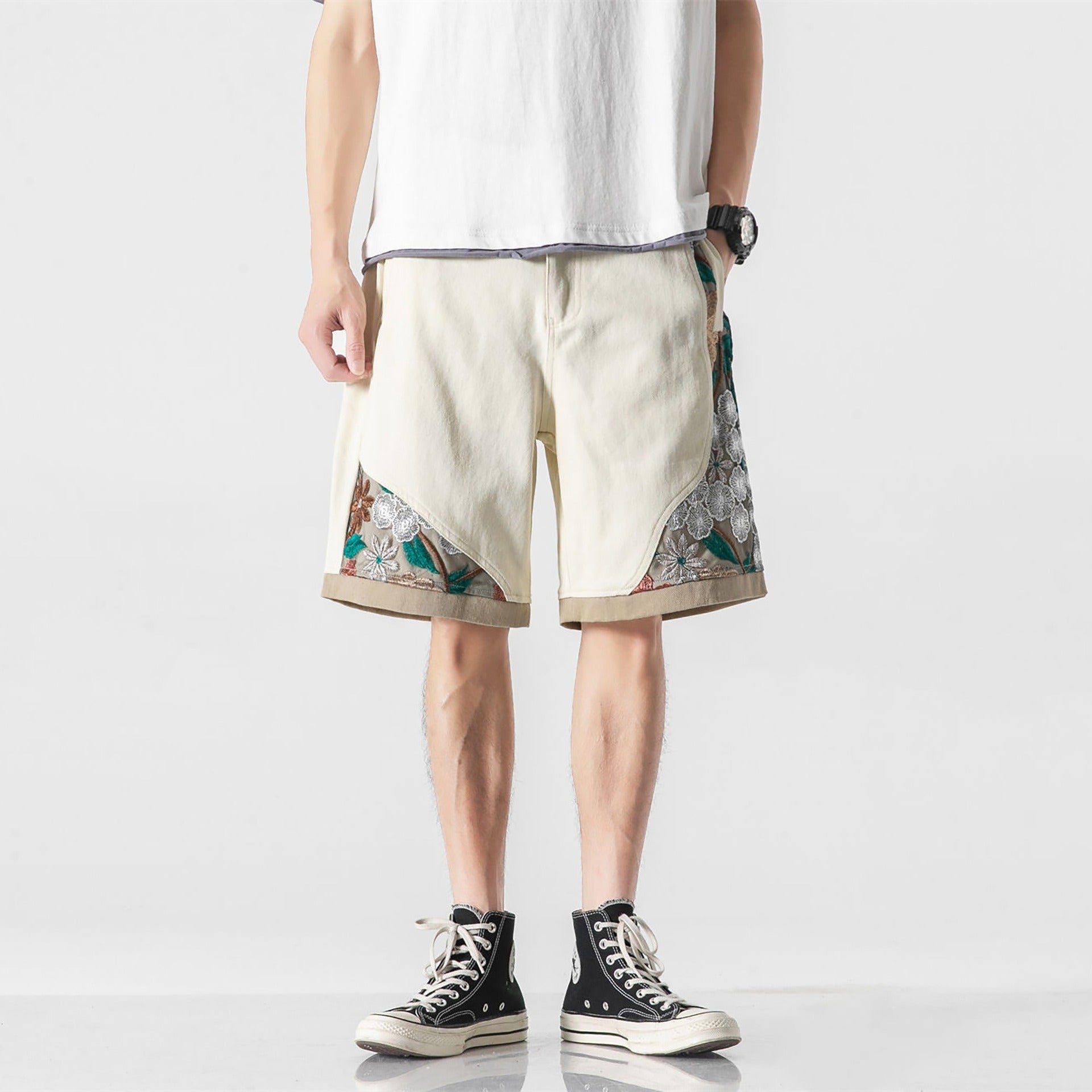 Retro Chinese style embroidered work shorts men's trendy street loose wide-leg casual all-match ins lace shorts