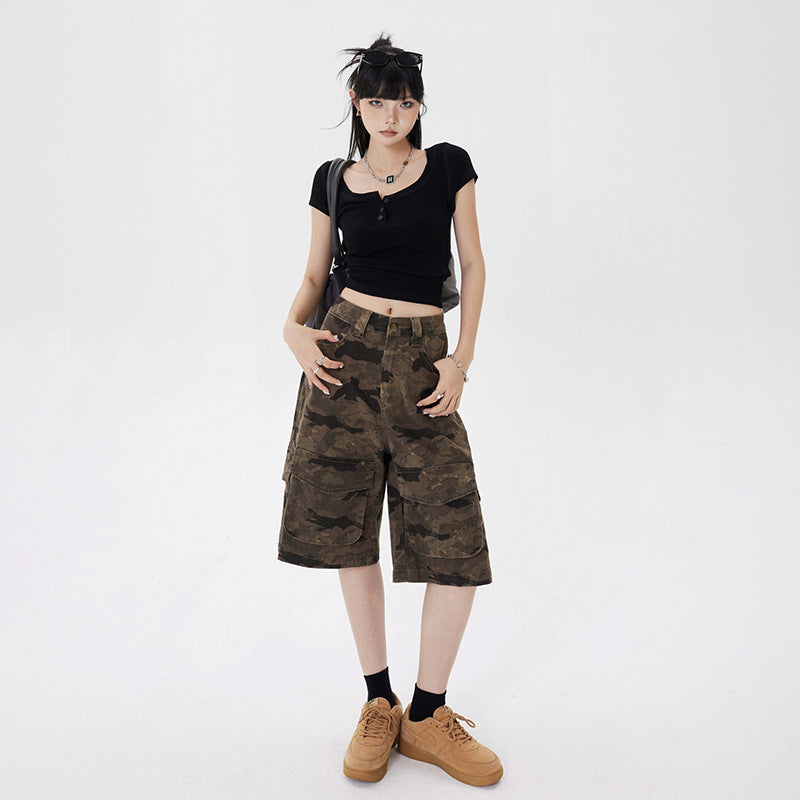 Women's High-Waist Wide-Leg Camouflage Shorts Multi-Pocket Work Pants Denim Pants