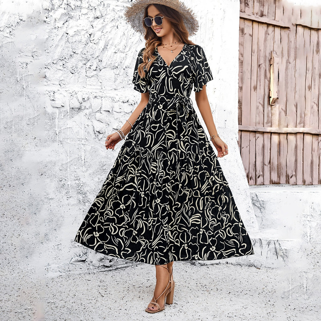 European and American women's casual summer vacation short sleeved printed dress