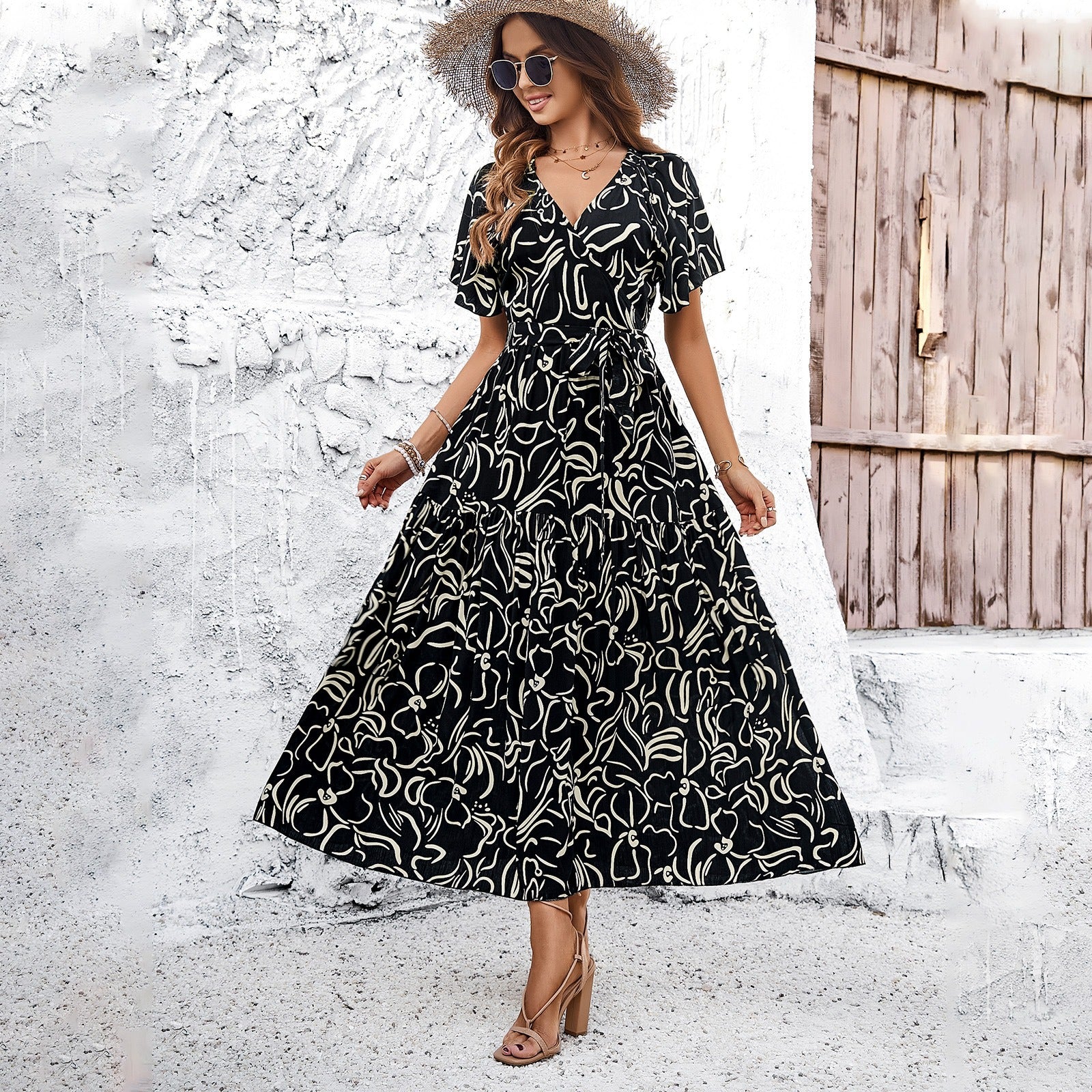 European and American women's casual summer vacation short sleeved printed dress