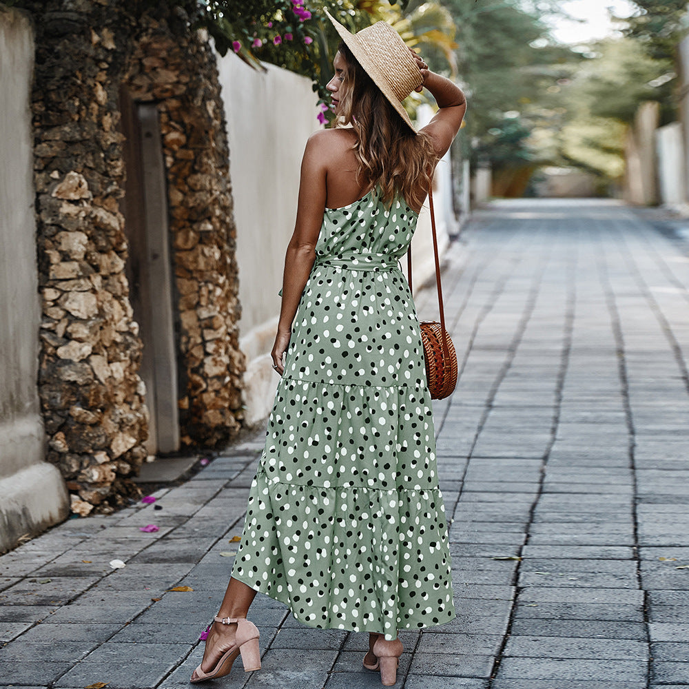 Summer New Sleeveless Polka Dot Holiday Style Long Temperament Dress
