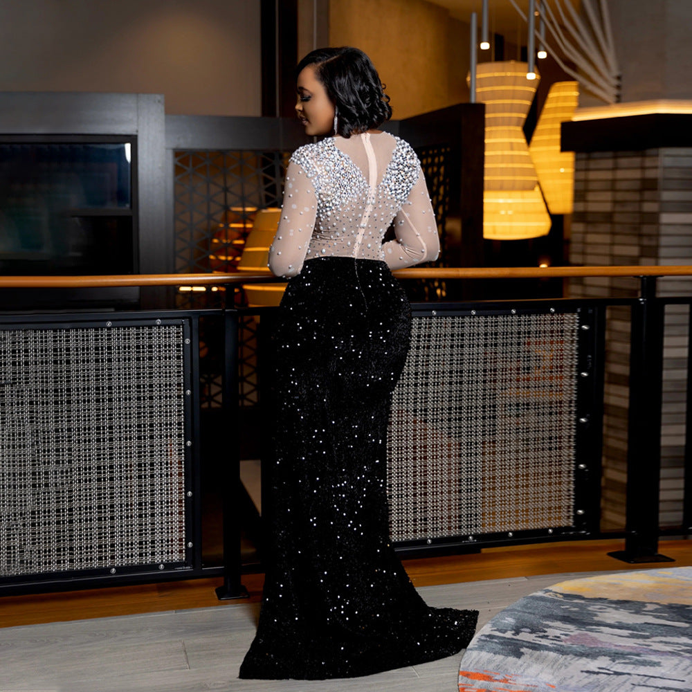Round neck high slit dress formal dress