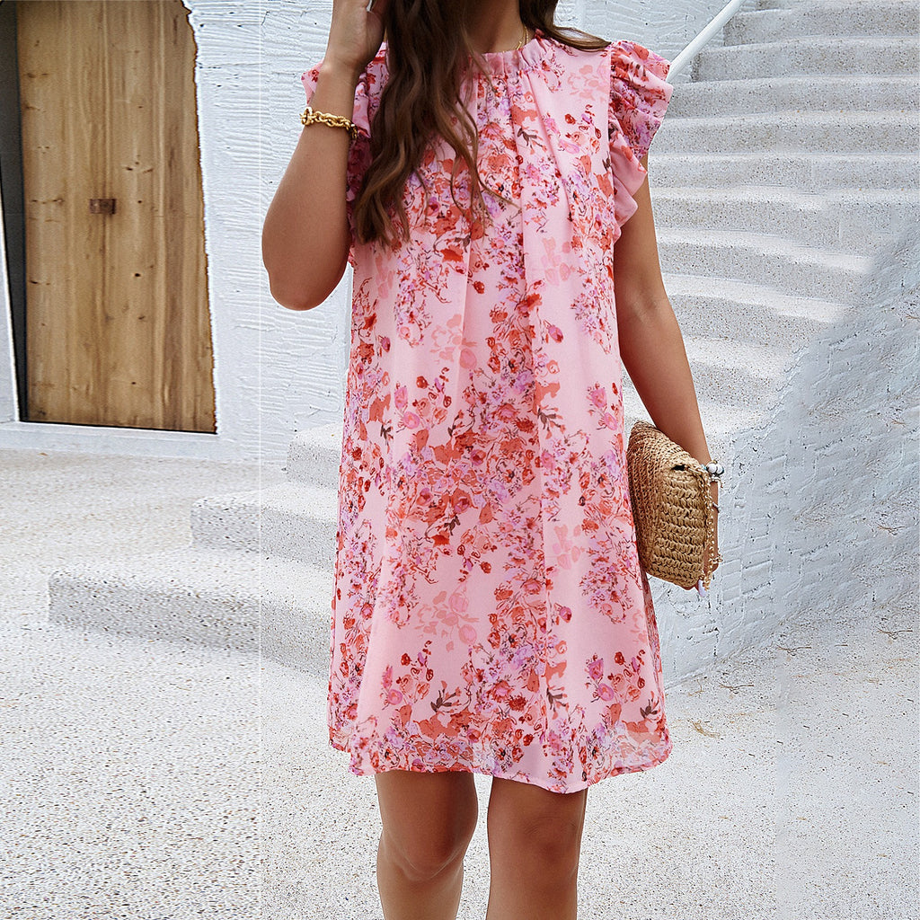 Dress with elegant spring and summer temperament, printed sleeveless dress