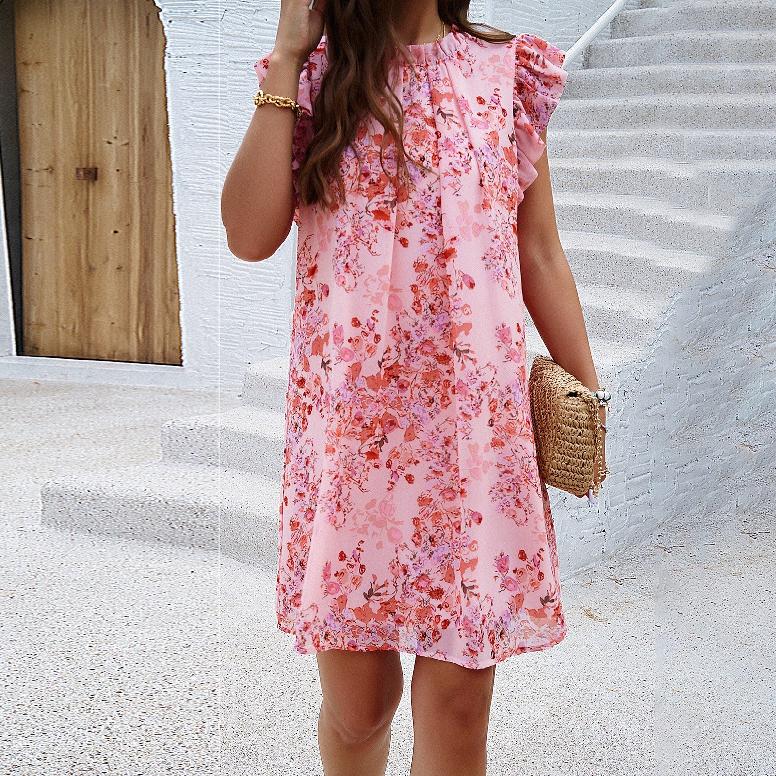 Dress with elegant spring and summer temperament, printed sleeveless dress