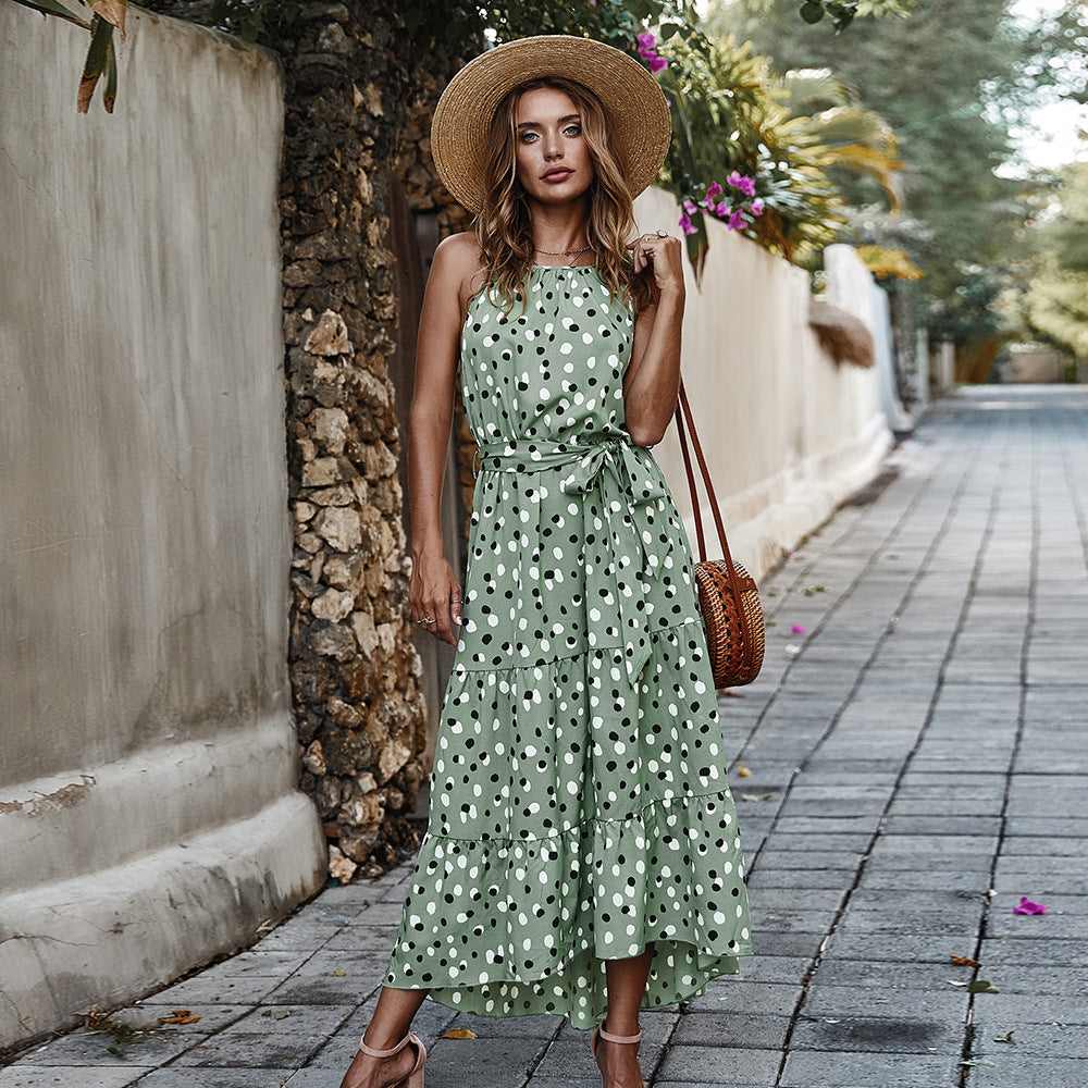 Summer New Sleeveless Polka Dot Holiday Style Long Temperament Dress