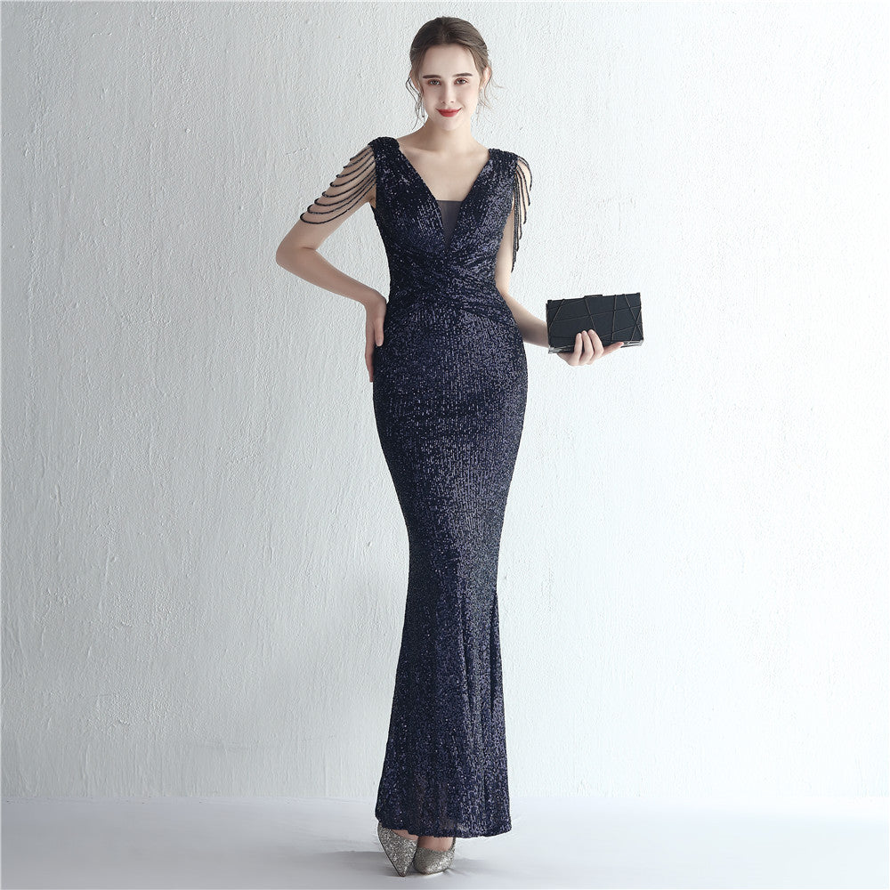 New Sequined Ladies Banquet Temperament Shows The Figure Long Sequined Aura Queen Dinner Fishtail Skirt