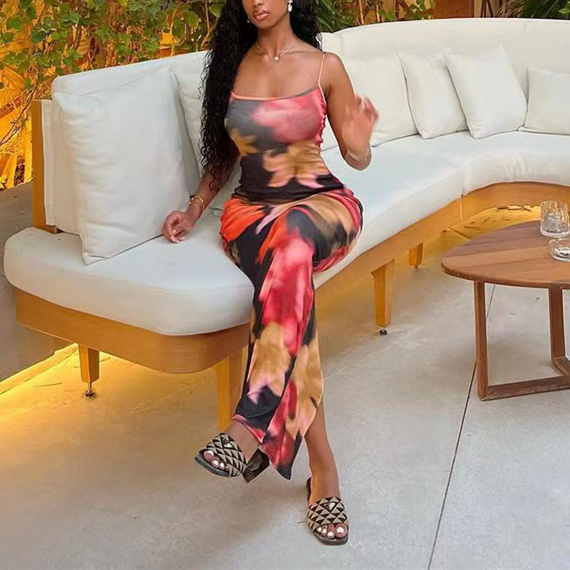 Summer New Women's Strap Printed Knit Dress Long Dress