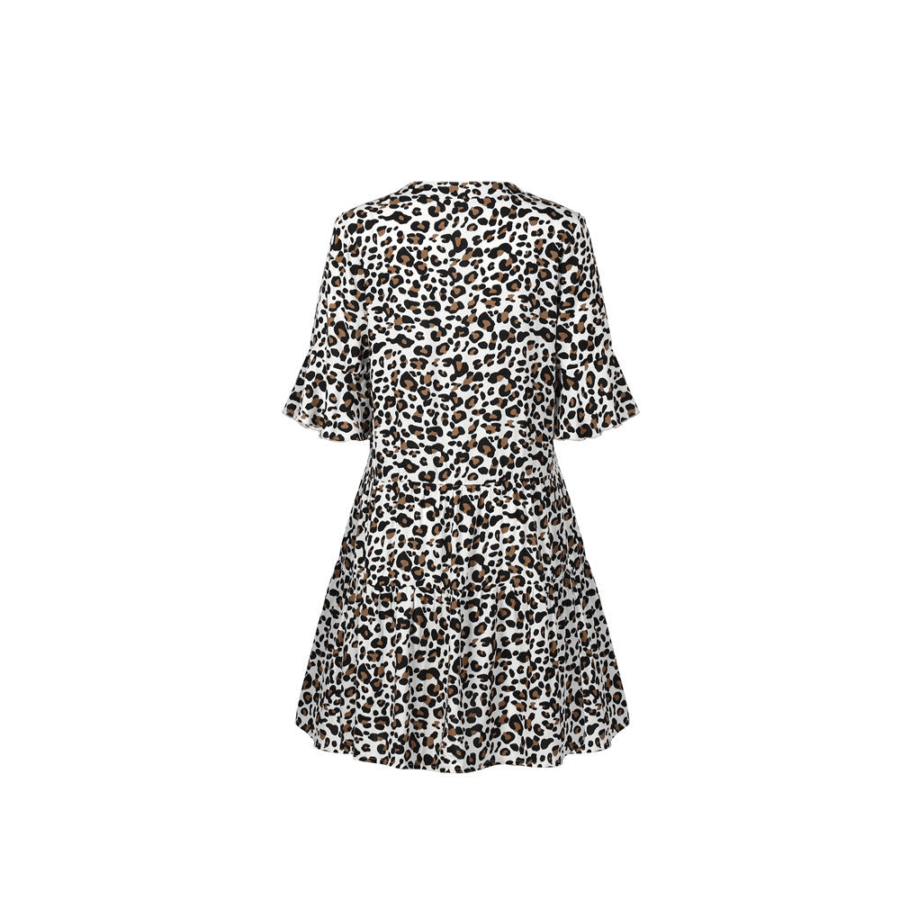 Spring And Summer New V-Neck Trumpet Sleeve Leopard Print Dress