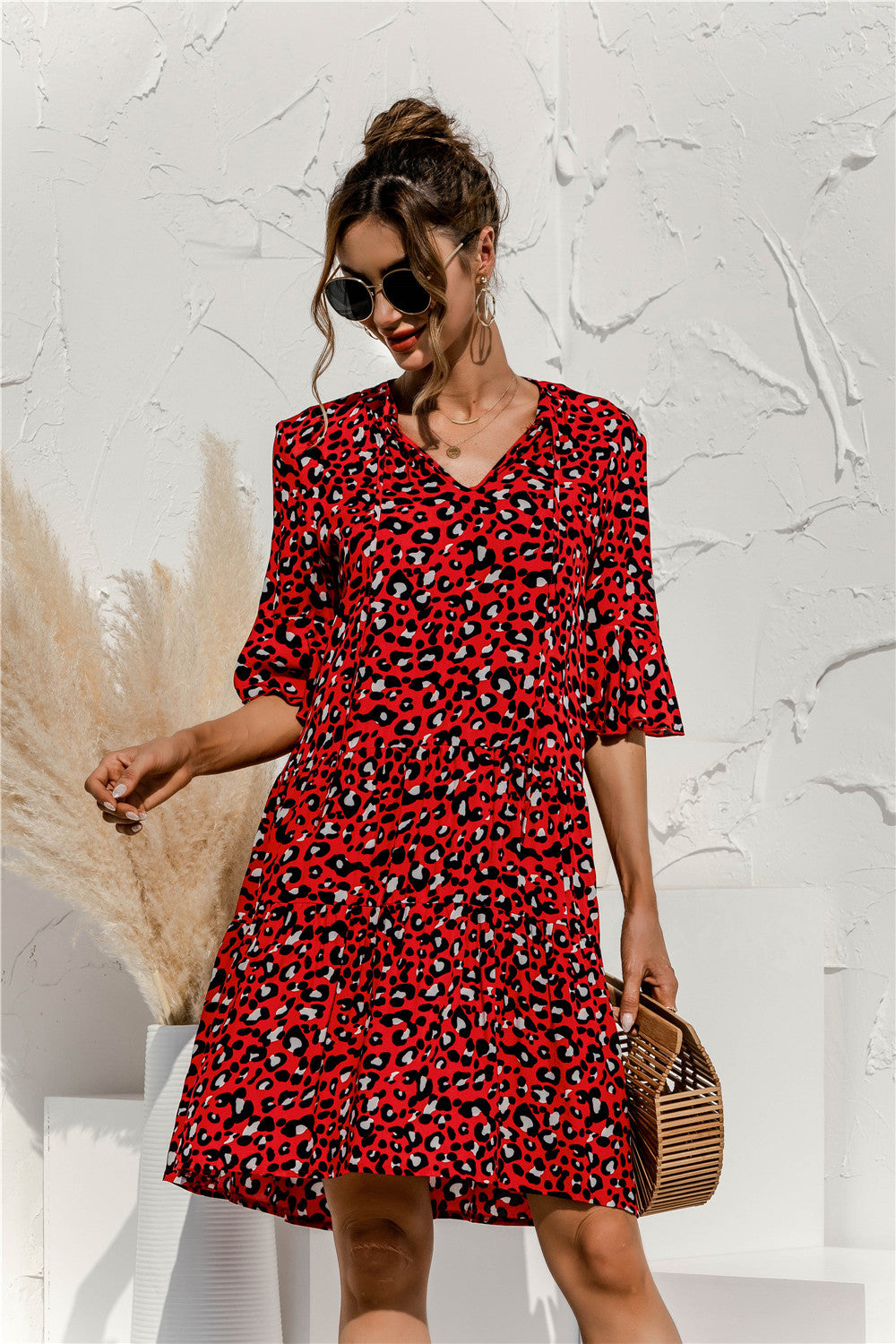 Spring And Summer New V-Neck Trumpet Sleeve Leopard Print Dress