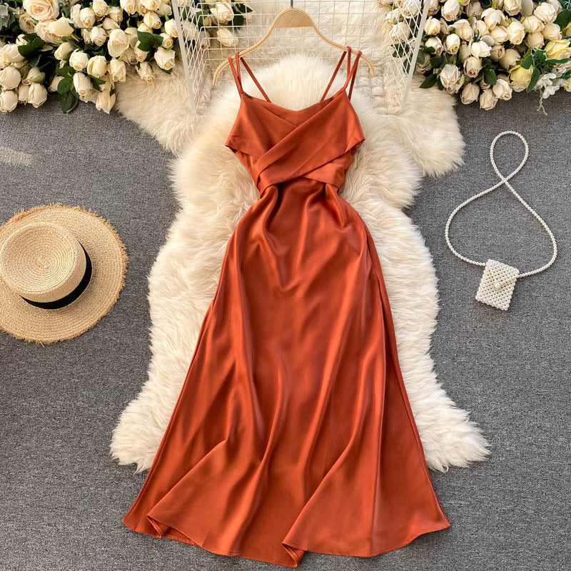 Vacation Travel Shooting Sling Dress Cross V-Neck Sexy Off-the-Shoulder Dinner Dress Slim Midi Dress