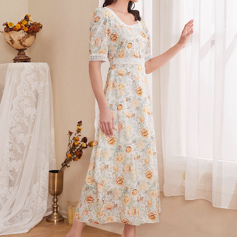 Summer Dress Elegant Design Chic Floral Chiffon Long Skirt For Women