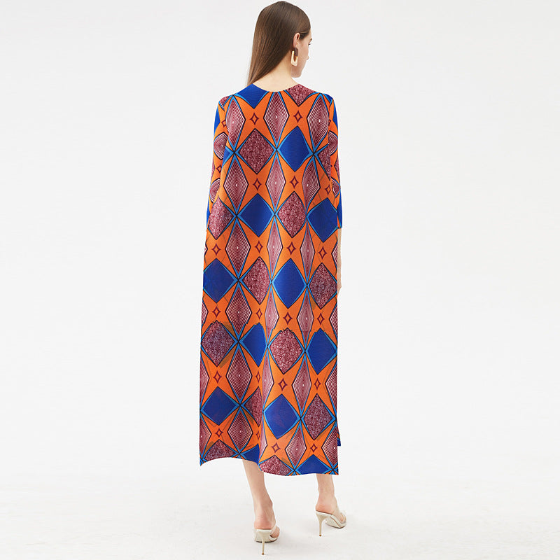 Spring And Summer New Beauty Print Contrast Long Pleated Dress