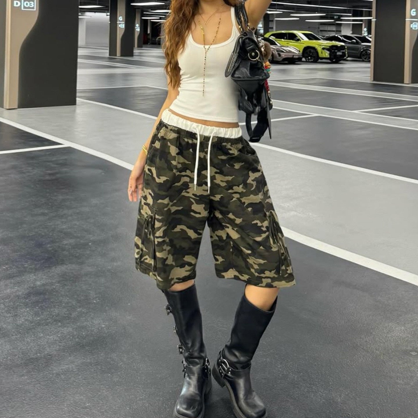Camouflage lace up shorts loose work pants for women