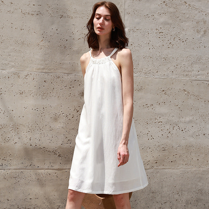 Cotton Linen Strapless Dress with Neck Tie Bowknot Mid-Length Rayon Linen Tank Dress Summer Export Dress
