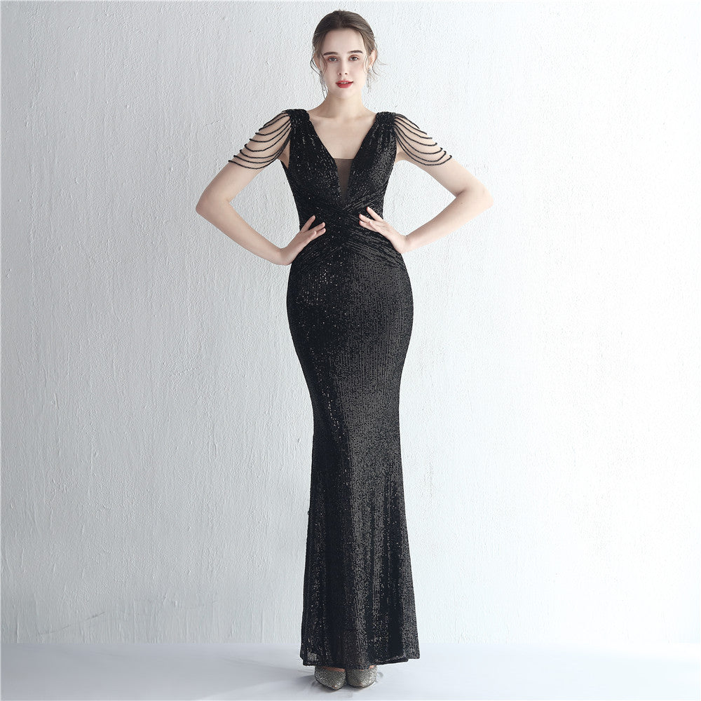 New Sequined Ladies Banquet Temperament Shows The Figure Long Sequined Aura Queen Dinner Fishtail Skirt