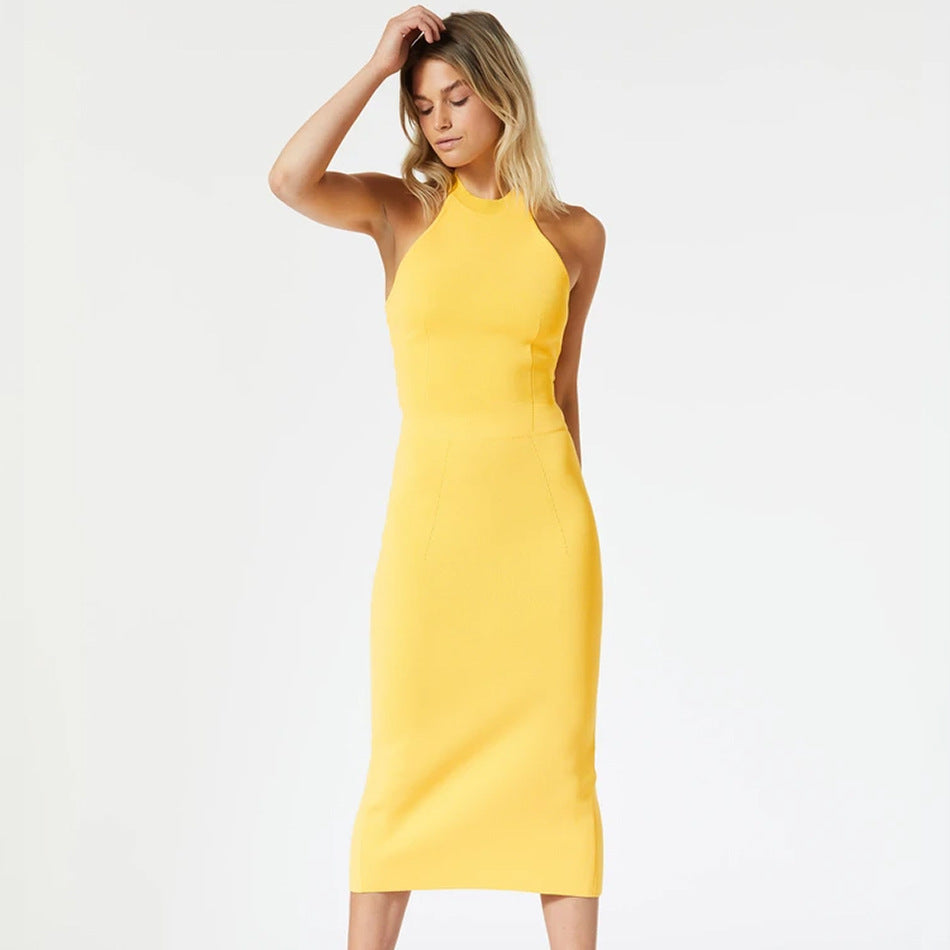 New Cocktail Party Dinner Party Ladies Dress Solid Color Slanted Shoulder Yellow Single Shoulder Sleeveless Back Slit Bandage Skirt