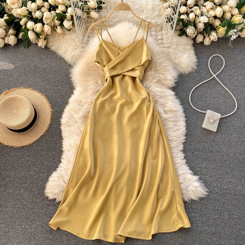 Vacation Travel Shooting Sling Dress Cross V-Neck Sexy Off-the-Shoulder Dinner Dress Slim Midi Dress