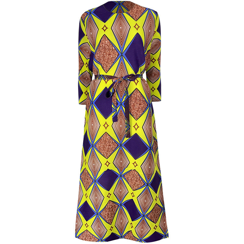 Spring And Summer New Beauty Print Contrast Long Pleated Dress