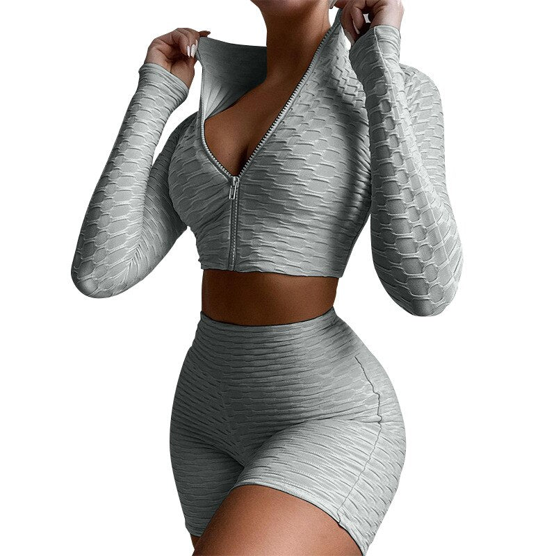 Women's Tight Solid Color Long Sleeve Leisure Sports Suit Women's 2-Piece