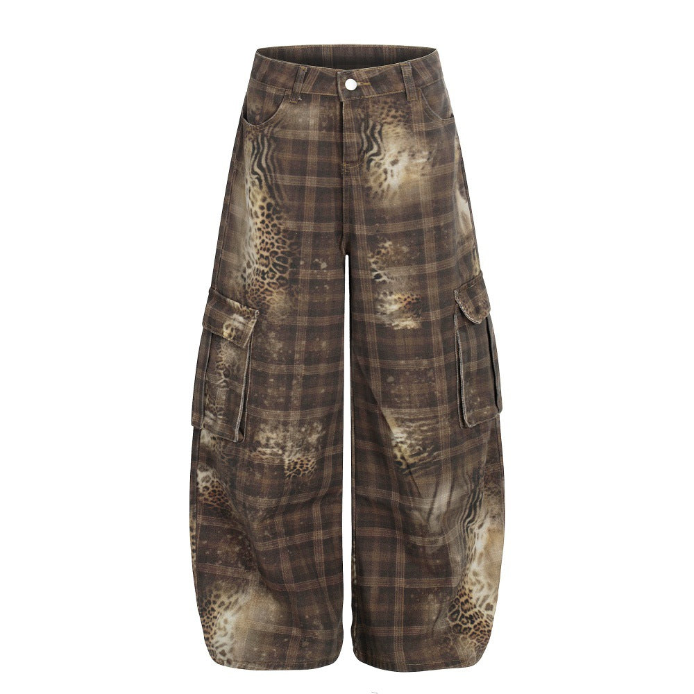 Plaid leopard print curved knife work pants
