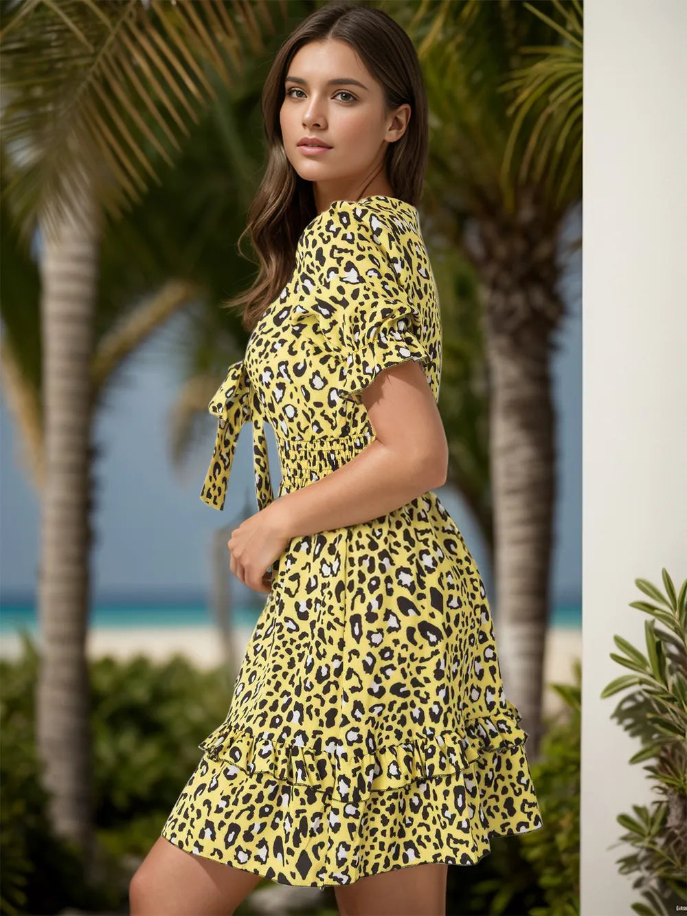 Fashionable printed color dress short sleeved dress