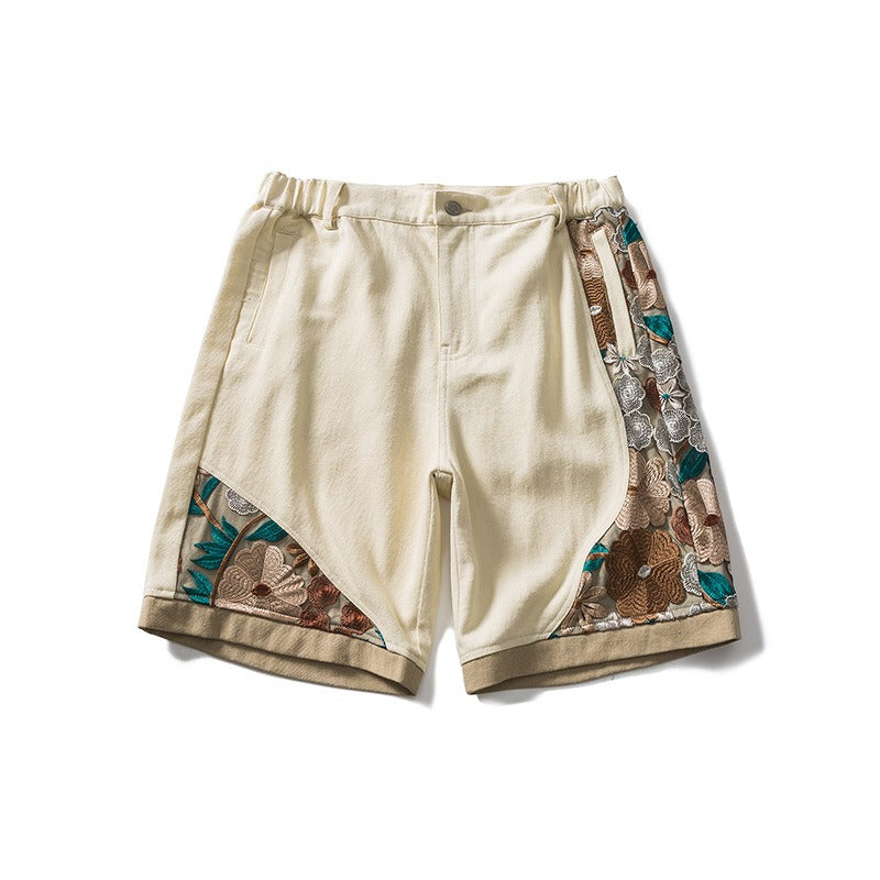 Retro Chinese style embroidered work shorts men's trendy street loose wide-leg casual all-match ins lace shorts