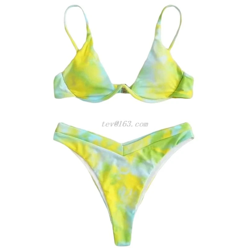 Women Sexy Brazilian 2 Piece Swimming Suit Bikini Set Gradient Tie-Dye Printed Push Up Underwire Swimsuit High Cut Bathing Suit