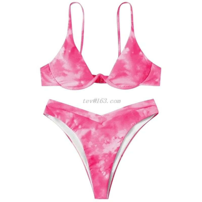 Women Sexy Brazilian 2 Piece Swimming Suit Bikini Set Gradient Tie-Dye Printed Push Up Underwire Swimsuit High Cut Bathing Suit